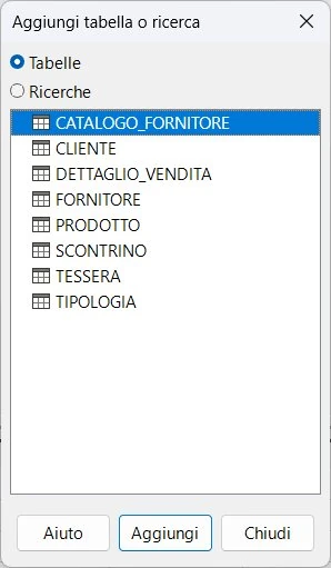 Dialog Aggiungi tabella o ricerca